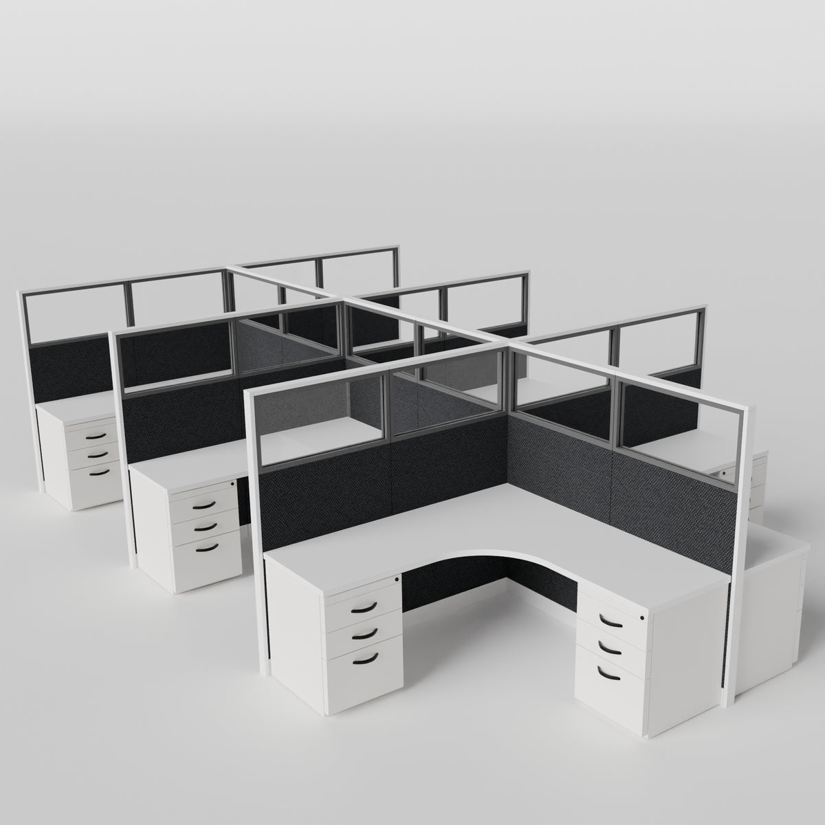 Knoll Reff Glass Panel Workstation - L-Shaped - Set of 6 - White Frame / Black Panel / 65" / 6' x 6'