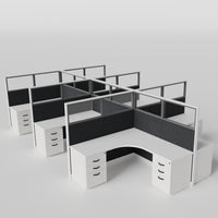 Knoll Reff Glass Panel Workstation - L-Shaped - Set of 6 - White Frame / Black Panel / 65" / 6' x 6'