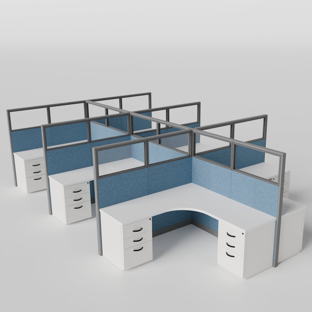 Knoll Reff Glass Panel Workstation - L-Shaped - Set of 6 - Gray Frame / Blue Panel / 65" / 6' x 6'