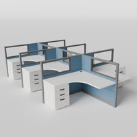 Knoll Reff Glass Panel Workstation - L-Shaped - Set of 6 - Gray Frame / Blue Panel / 50" / 5' x 5'