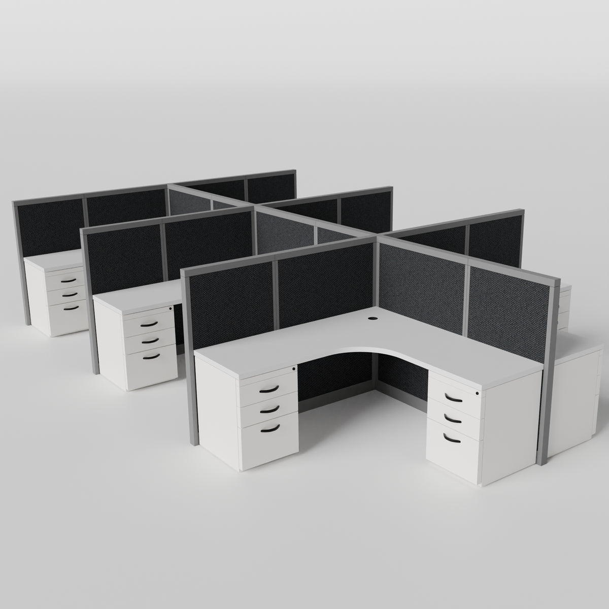Steelcase Avenir Fabric Panel Workstation - L-Shaped - Set of 6 - Gray Frame / Black Panel / 53" / 7' x 7'