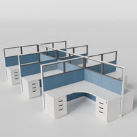 Knoll Reff Glass Panel Workstation - L-Shaped - Set of 6 - White Frame / Blue Panel / 65" / 6' x 6'