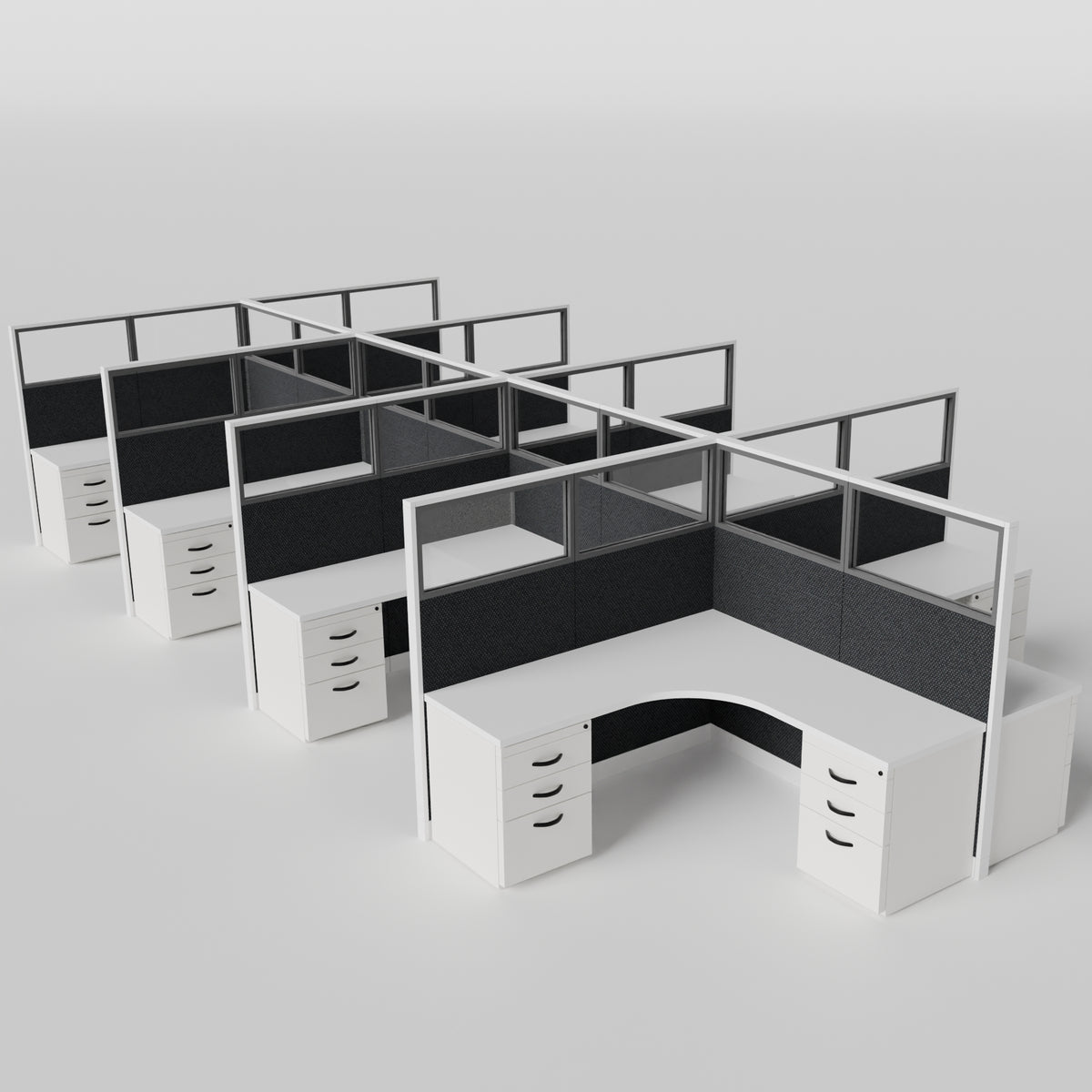 Knoll Reff Glass Panel Workstation - L-Shaped - Set of 8 - White Frame / Black Panel / 65" / 6' x 6'