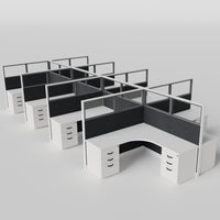 Knoll Reff Glass Panel Workstation - L-Shaped - Set of 8 - White Frame / Black Panel / 65" / 6' x 6'