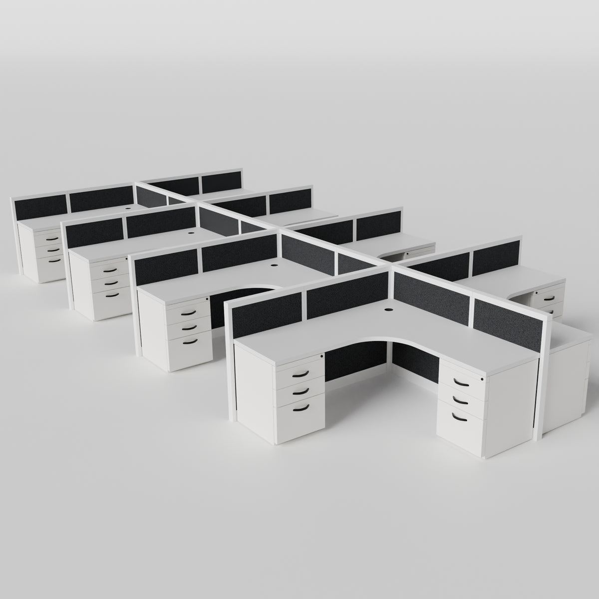 Steelcase Avenir Fabric Panel Workstation - L-Shaped - Set of 8 - White Frame / Black Panel / 42" / 7' x 7'