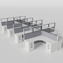 Knoll Reff Glass Panel Workstation - L-Shaped - Set of 8 - White Frame / Gray Panel / 65" / 6' x 6'