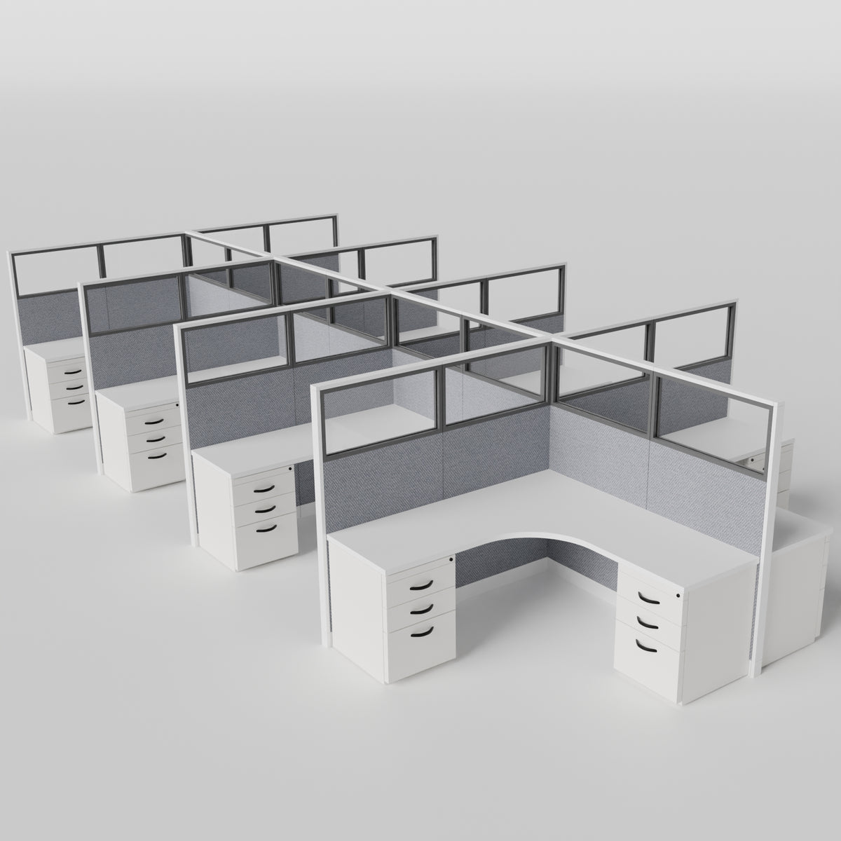 Knoll Reff Glass Panel Workstation - L-Shaped - Set of 8 - White Frame / Gray Panel / 65" / 6' x 6'