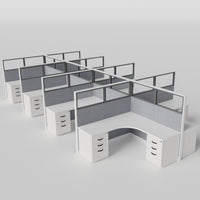 Knoll Reff Glass Panel Workstation - L-Shaped - Set of 8 - White Frame / Gray Panel / 65" / 6' x 6'