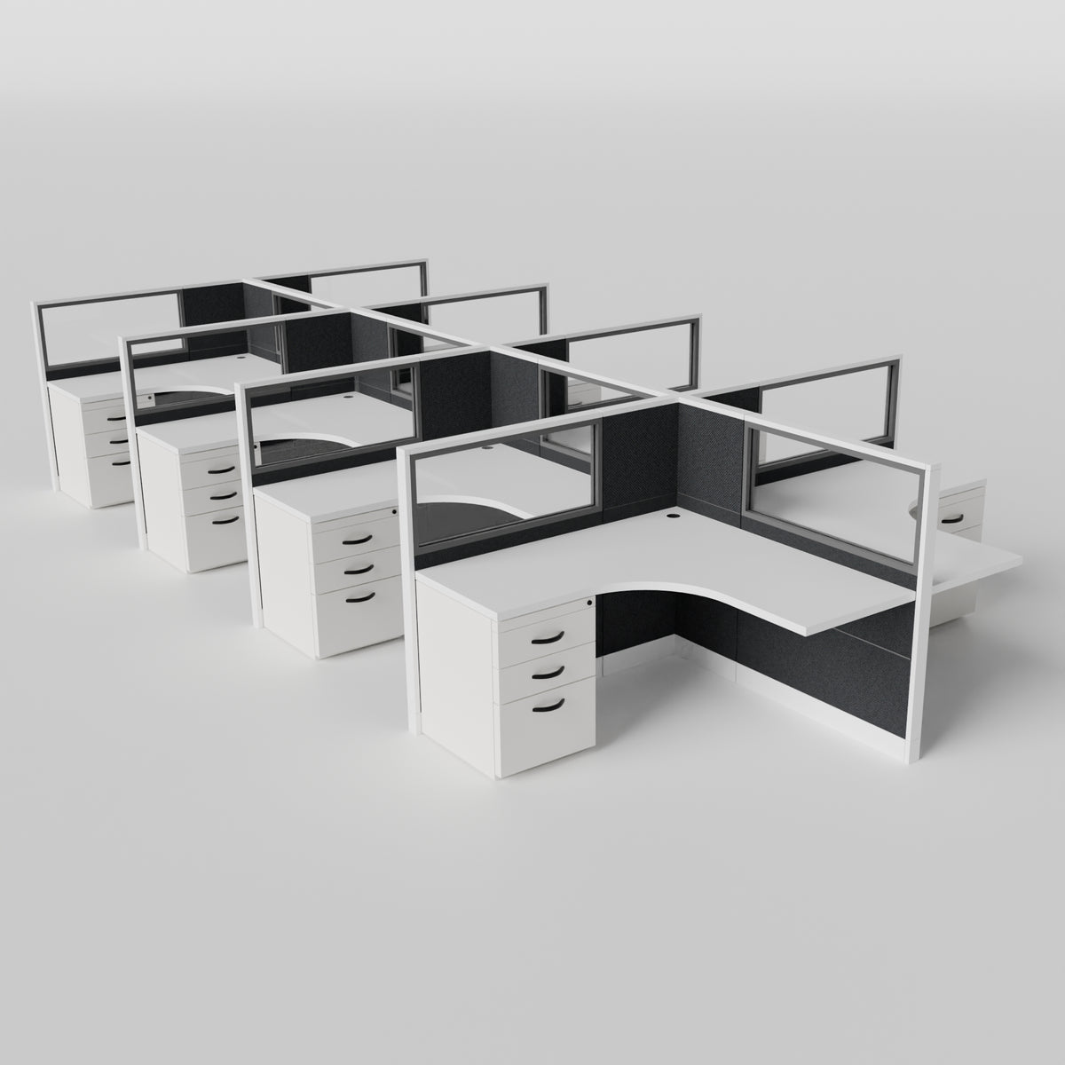Knoll Reff Glass Panel Workstation - L-Shaped - Set of 8 - White Frame / Black Panel / 50" / 5' x 5'