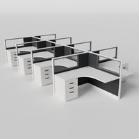 Knoll Reff Glass Panel Workstation - L-Shaped - Set of 8 - White Frame / Black Panel / 50" / 5' x 5'