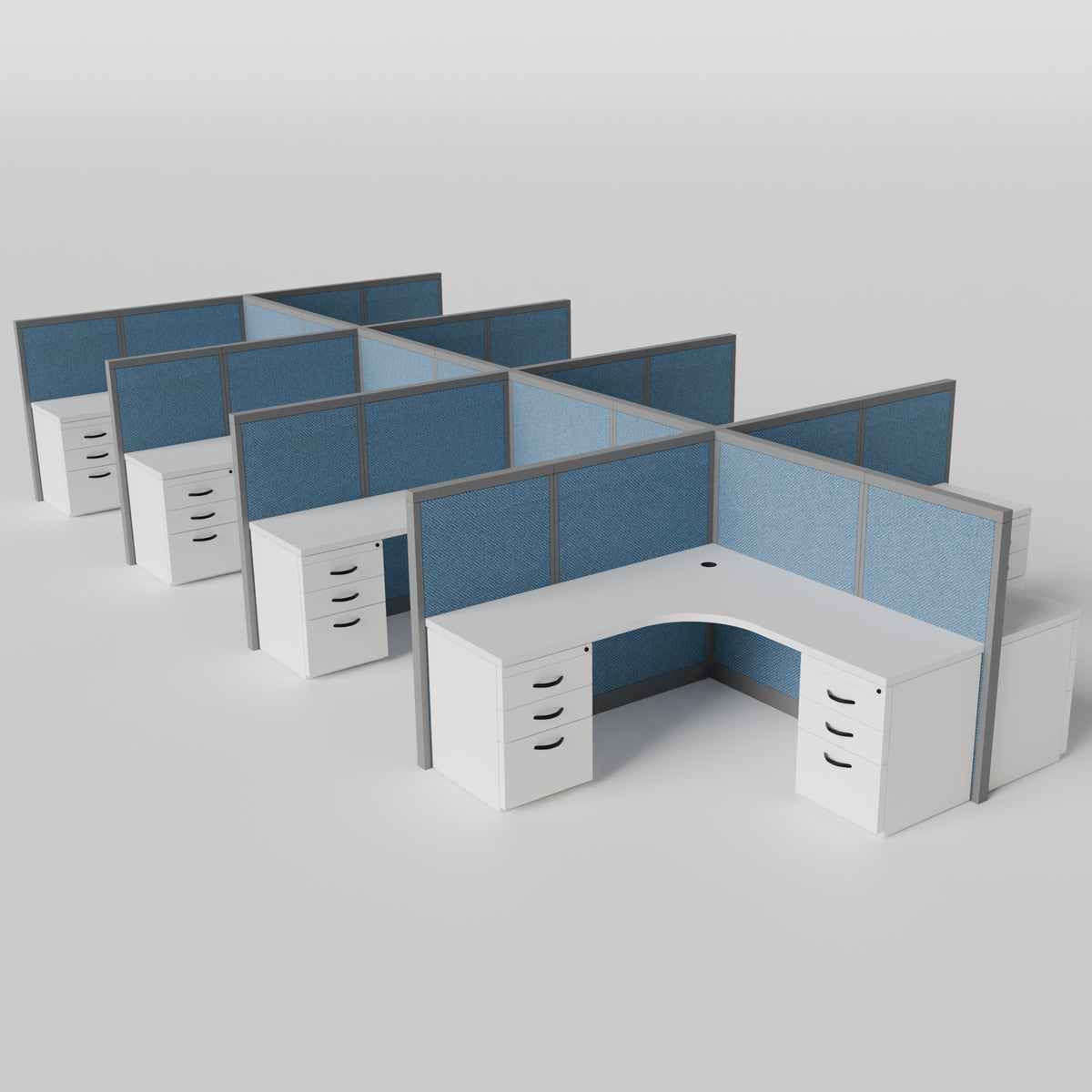 Steelcase Avenir Fabric Panel Workstation - L-Shaped - Set of 8 - Gray Frame / Blue Panel / 53" / 7' x 7'