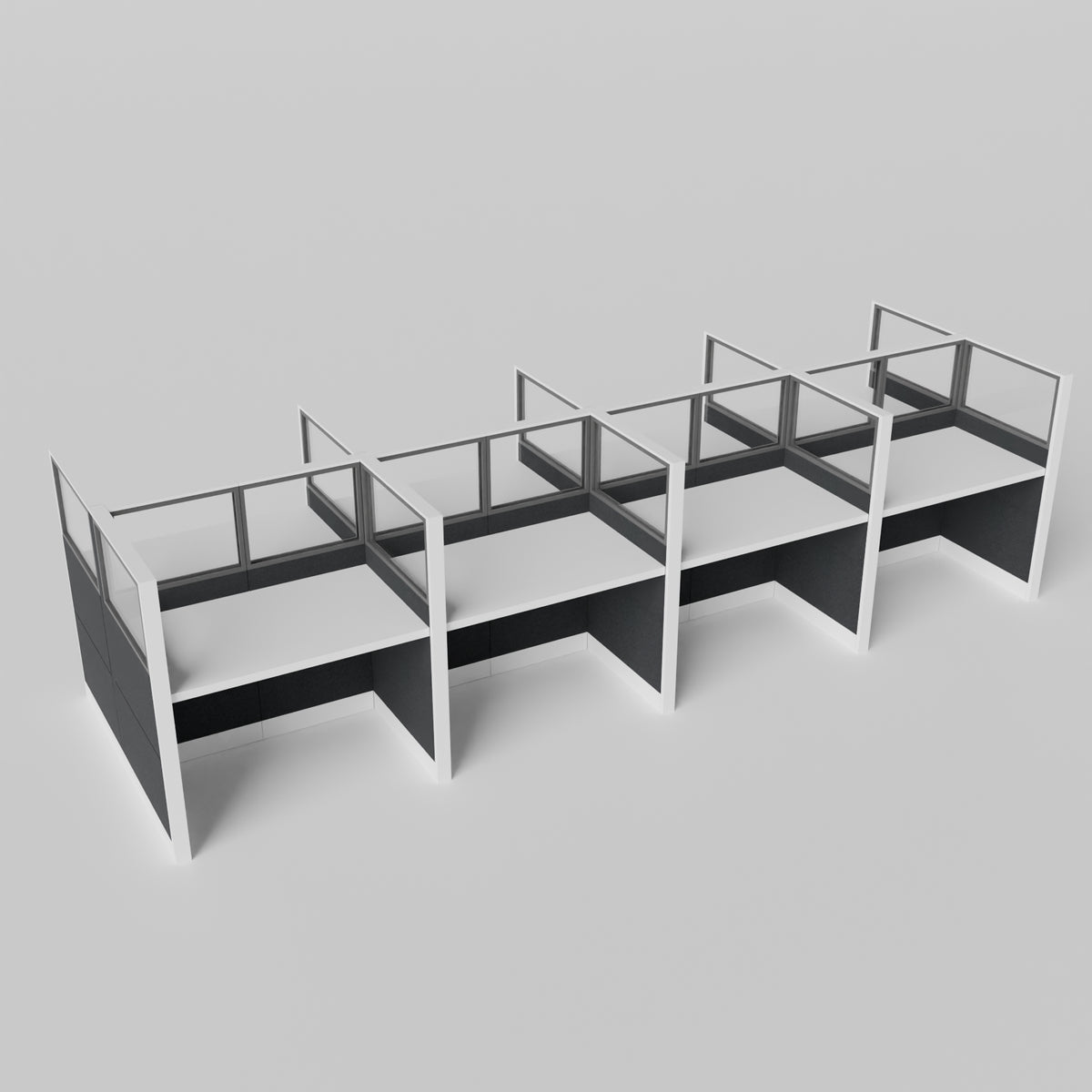 Knoll Reff Glass Panel Workstation - Straight - Set of 8 - White Frame / Black Panel / 65" / 60W x 30D