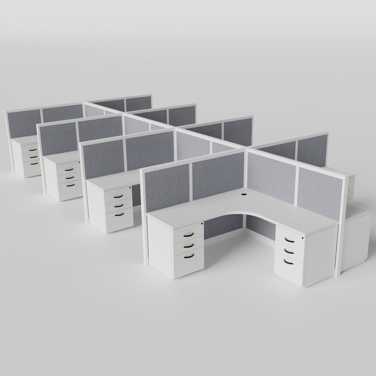 Steelcase Avenir Fabric Panel Workstation - L-Shaped - Set of 8 - White Frame / Gray Panel / 53" / 7' x 7'
