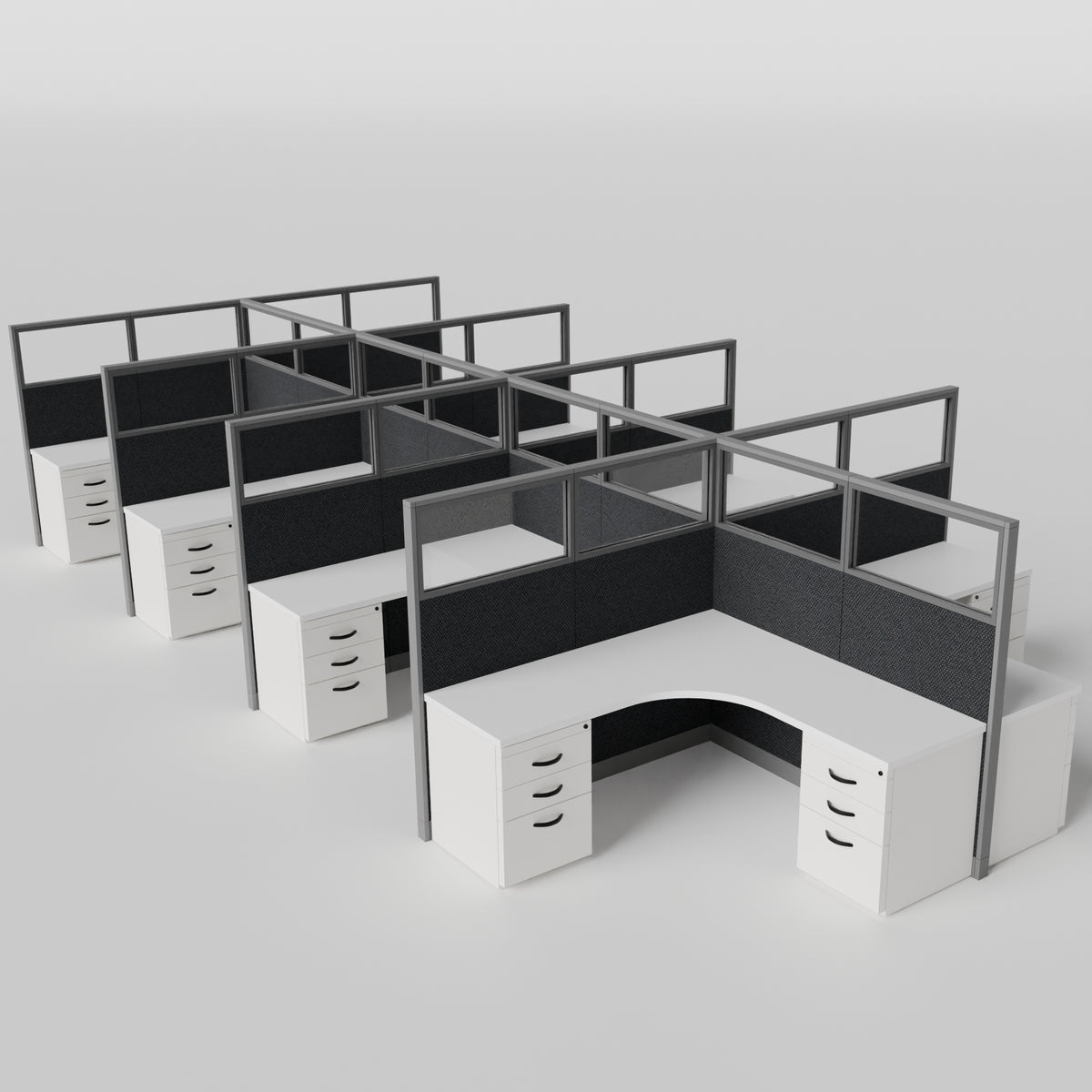 Knoll Reff Glass Panel Workstation - L-Shaped - Set of 8 - Gray Frame / Black Panel / 65" / 6' x 6'