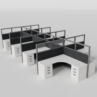 Knoll Reff Glass Panel Workstation - L-Shaped - Set of 8 - Gray Frame / Black Panel / 65" / 6' x 6'