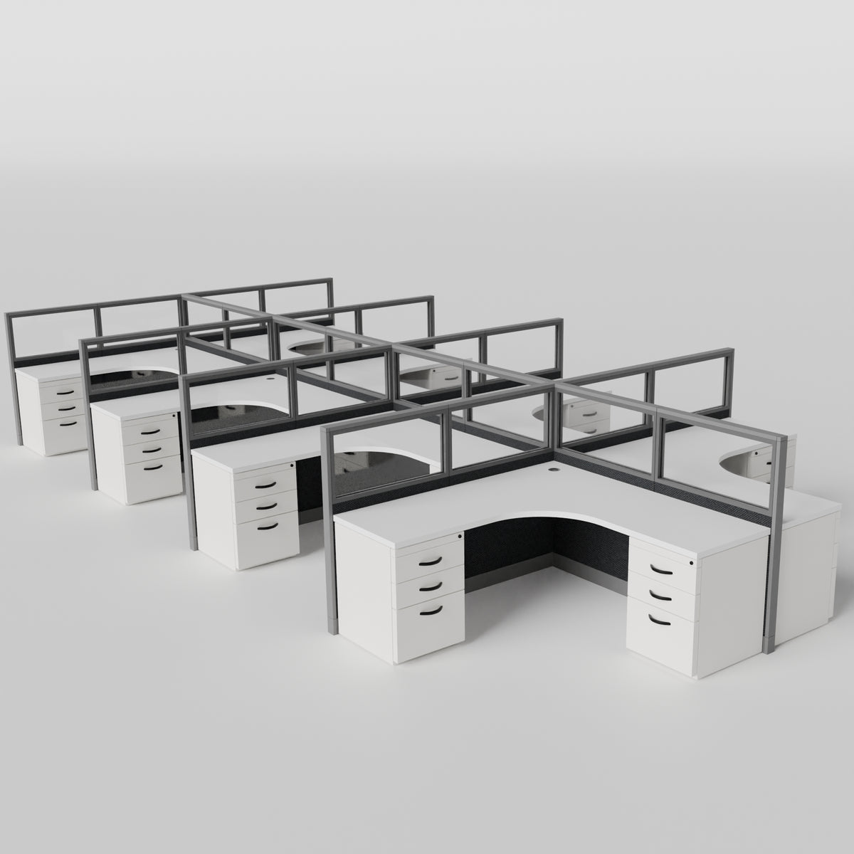 Knoll Reff Glass Panel Workstation - L-Shaped - Set of 8 - Gray Frame / Black Panel / 50" / 6' x 6'