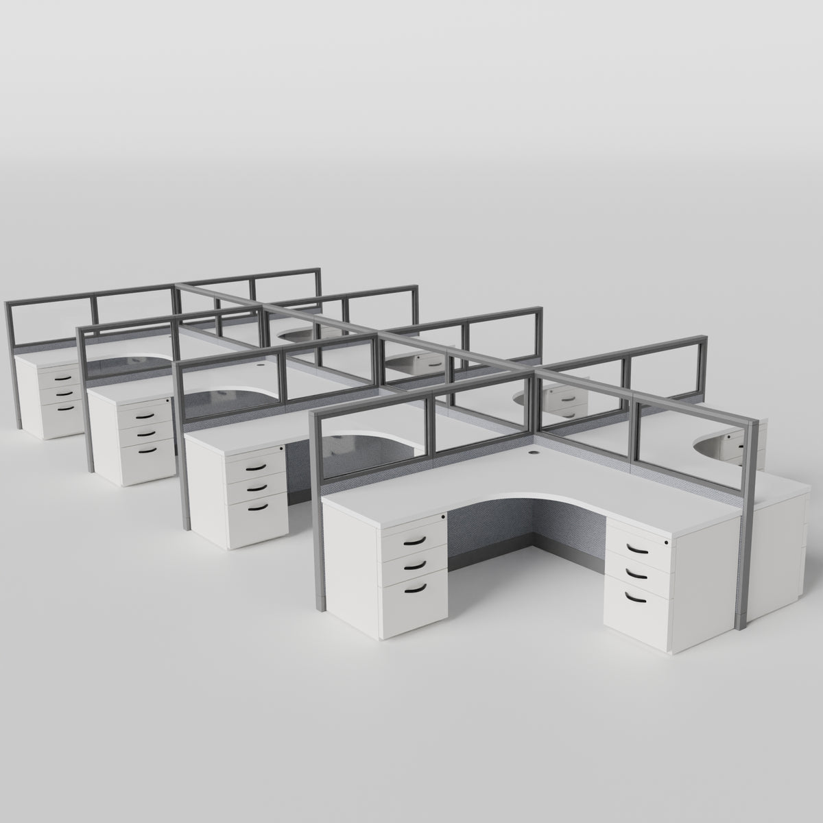 Knoll Reff Glass Panel Workstation - L-Shaped - Set of 8 - Gray Frame / Gray Panel / 50" / 6' x 6'