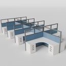 Knoll Reff Glass Panel Workstation - L-Shaped - Set of 8 - Gray Frame / Blue Panel / 65" / 6' x 6'