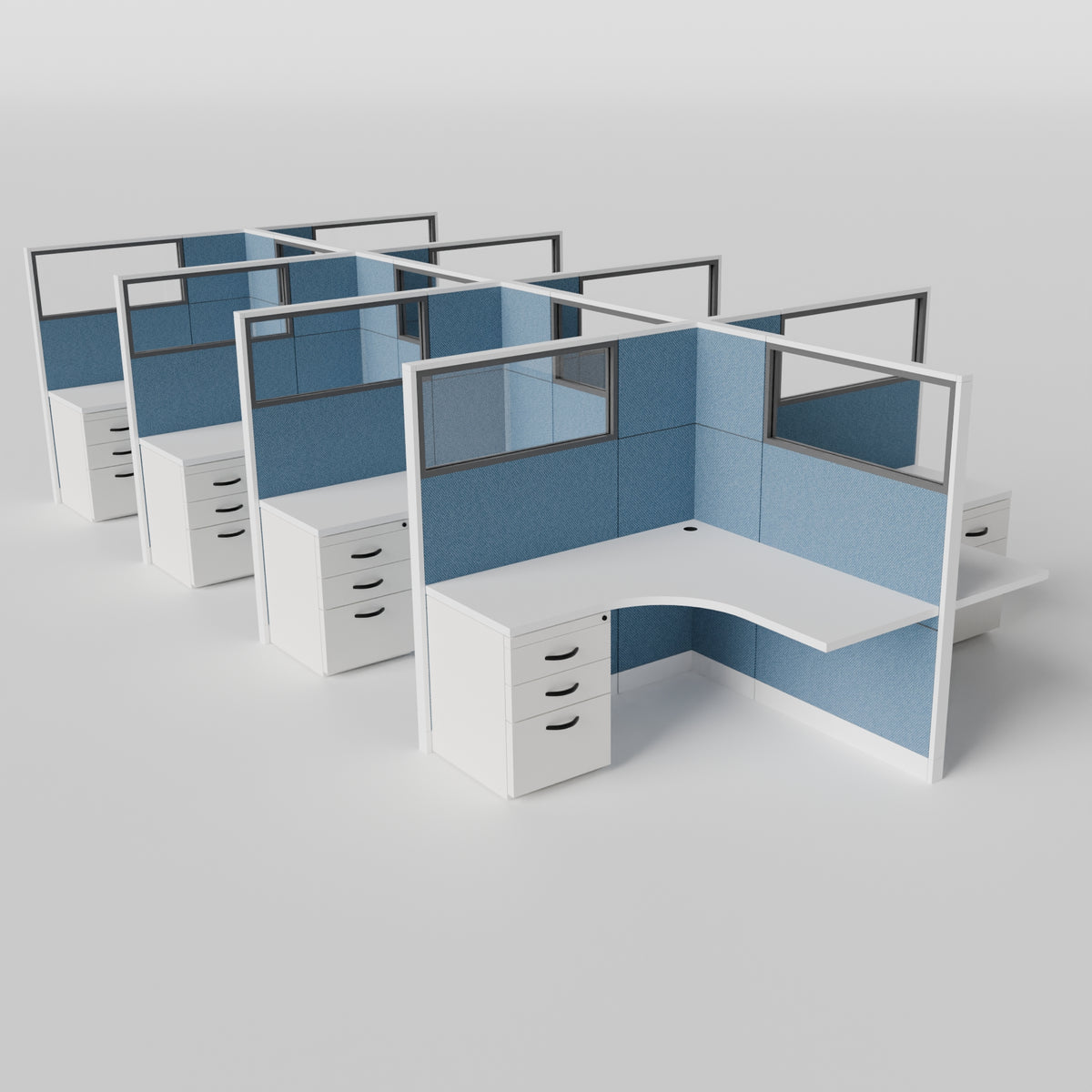 Knoll Reff Glass Panel Workstation - L-Shaped - Set of 8 - White Frame / Blue Panel / 65" / 5' x 5'