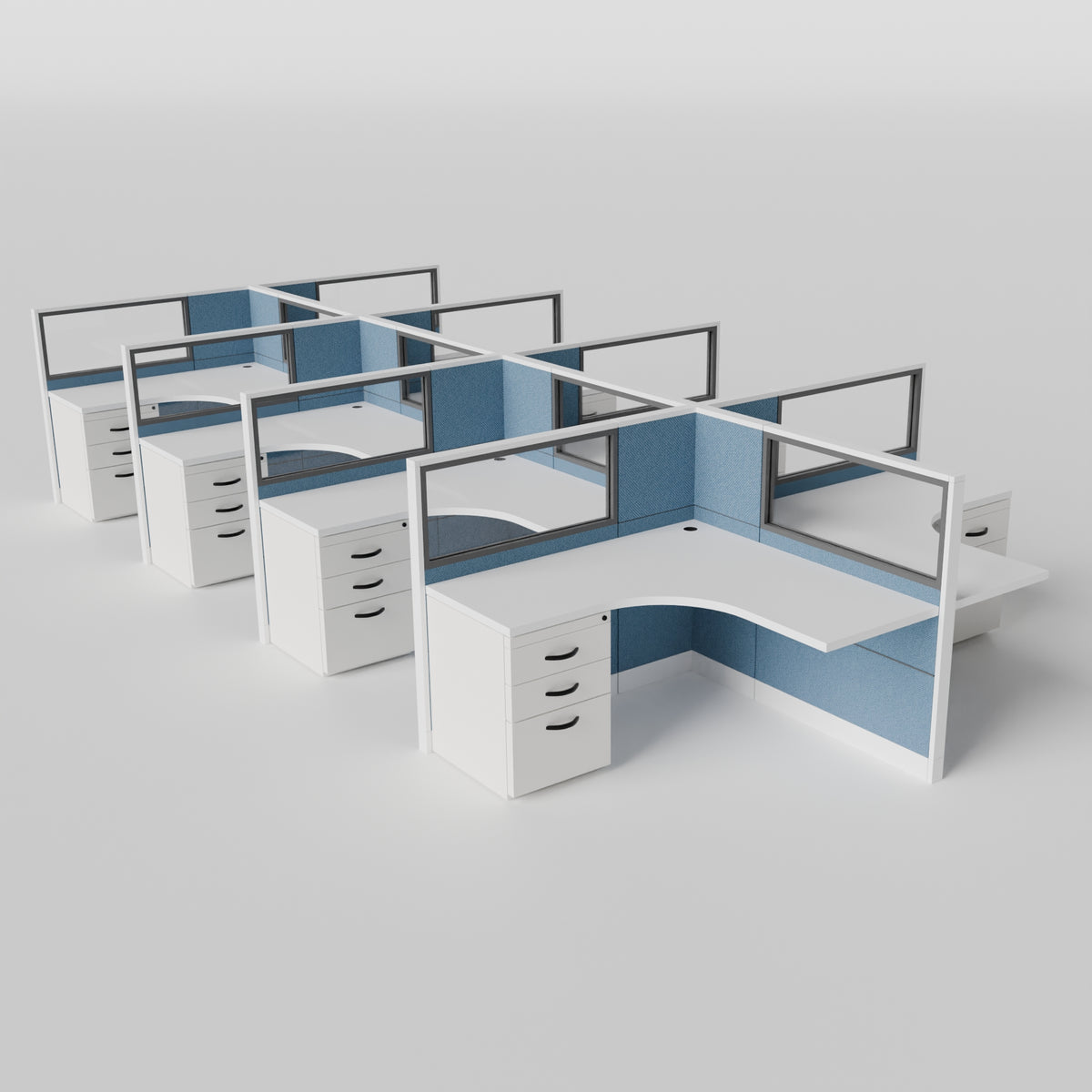 Knoll Reff Glass Panel Workstation - L-Shaped - Set of 8 - White Frame / Blue Panel / 50" / 5' x 5'