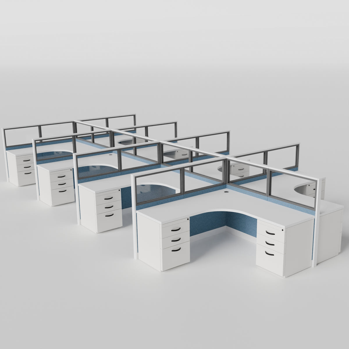 Knoll Reff Glass Panel Workstation - L-Shaped - Set of 8 - White Frame / Blue Panel / 50" / 6' x 6'