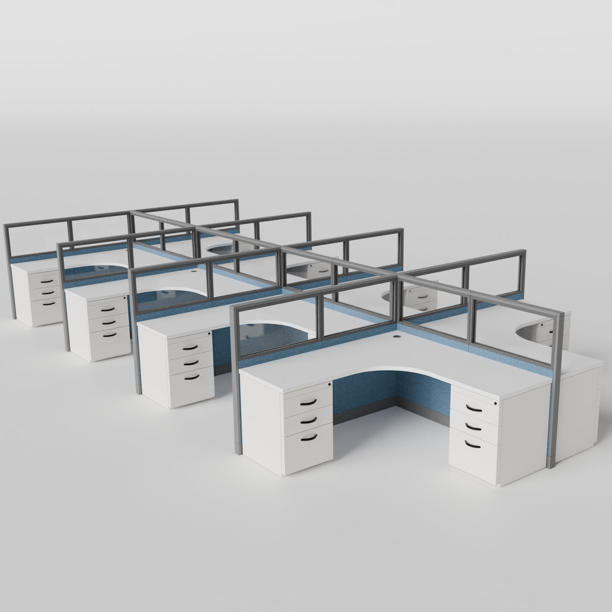 Knoll Reff Glass Panel Workstation - L-Shaped - Set of 8 - Gray Frame / Blue Panel / 50" / 6' x 6'