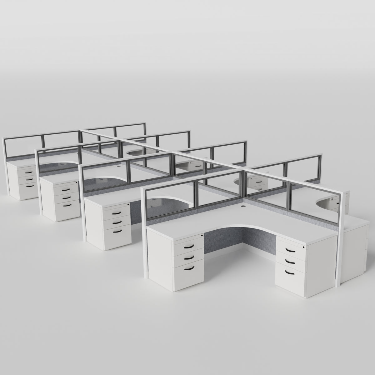 Knoll Reff Glass Panel Workstation - L-Shaped - Set of 8 - White Frame / Gray Panel / 50" / 6' x 6'
