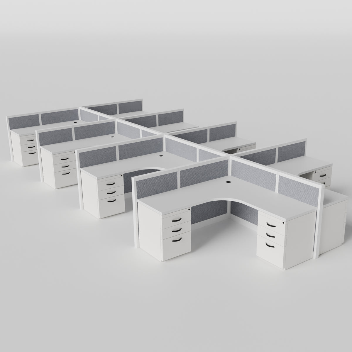 Steelcase Avenir Fabric Panel Workstation - L-Shaped - Set of 8 - White Frame / Gray Panel / 42" / 7' x 7'