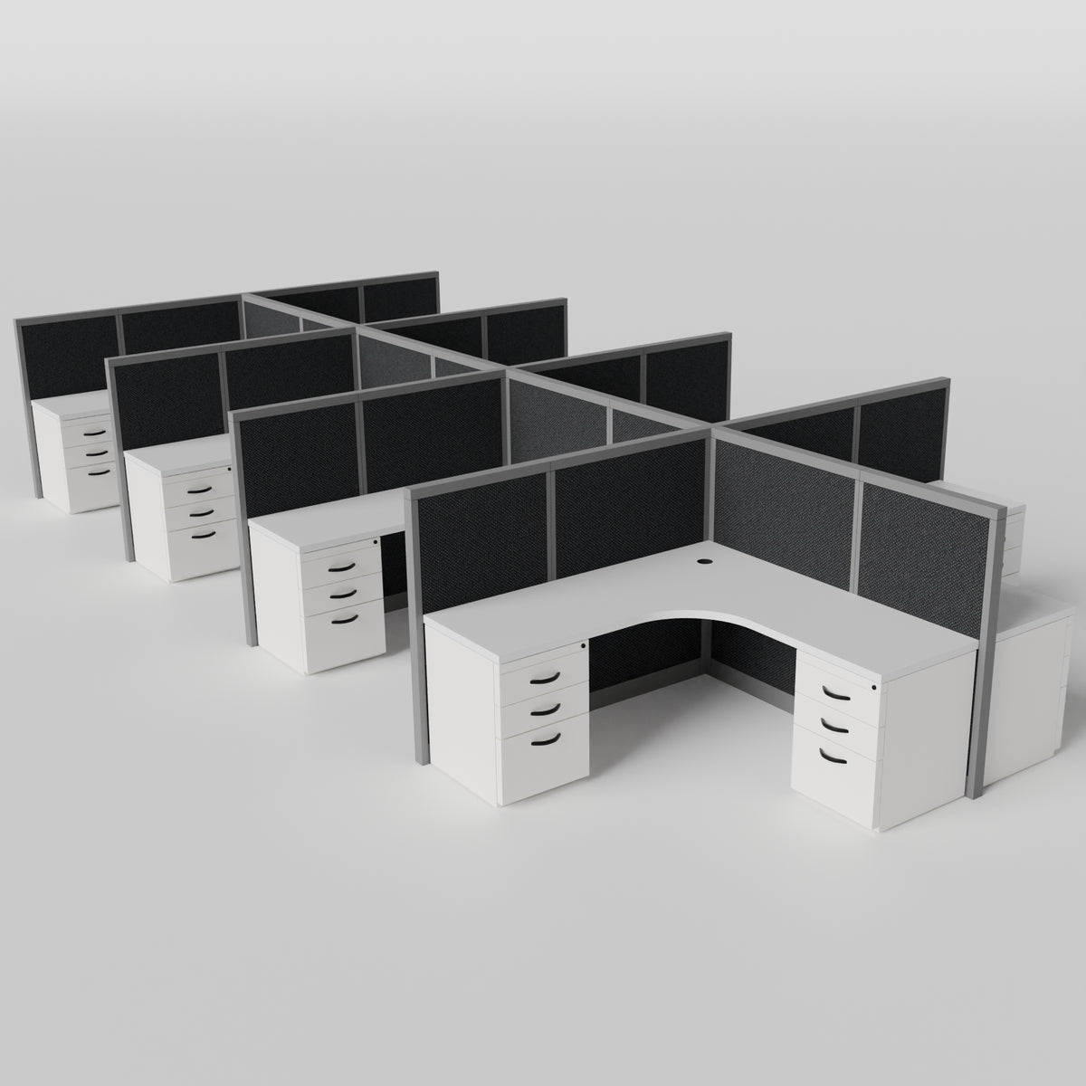 Steelcase Avenir Fabric Panel Workstation - L-Shaped - Set of 8 - Gray Frame / Black Panel / 53" / 7' x 7'