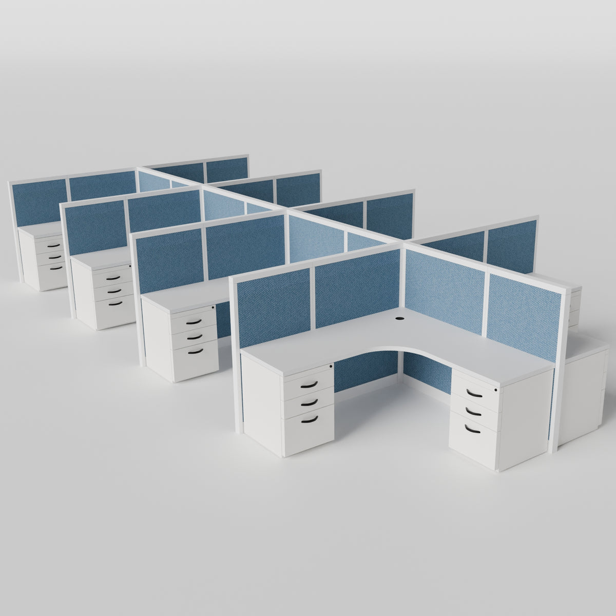 Steelcase Avenir Fabric Panel Workstation - L-Shaped - Set of 8 - White Frame / Blue Panel / 53" / 7' x 7'