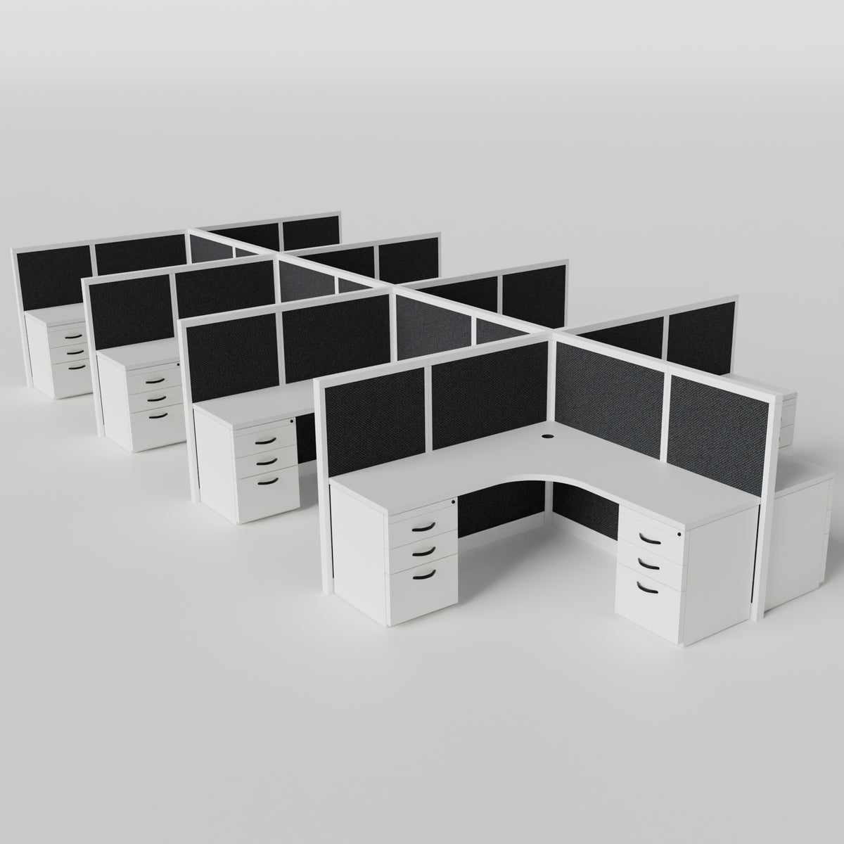 Steelcase Avenir Fabric Panel Workstation - L-Shaped - Set of 8 - White Frame / Black Panel / 53" / 7' x 7'