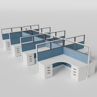 Knoll Reff Glass Panel Workstation - L-Shaped - Set of 8 - White Frame / Blue Panel / 65" / 6' x 6'