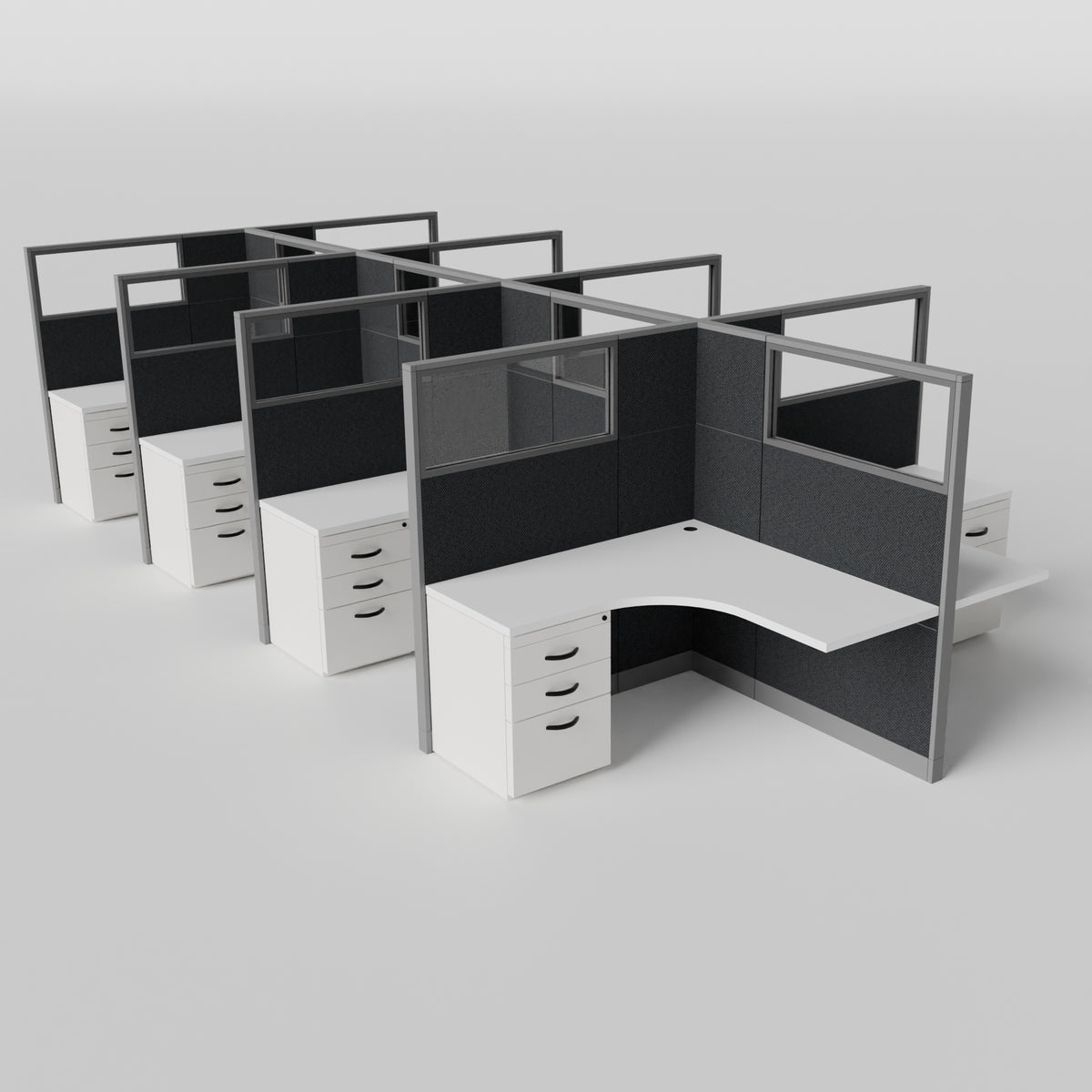 Knoll Reff Glass Panel Workstation - L-Shaped - Set of 8 - Gray Frame / Black Panel / 65" / 5' x 5'