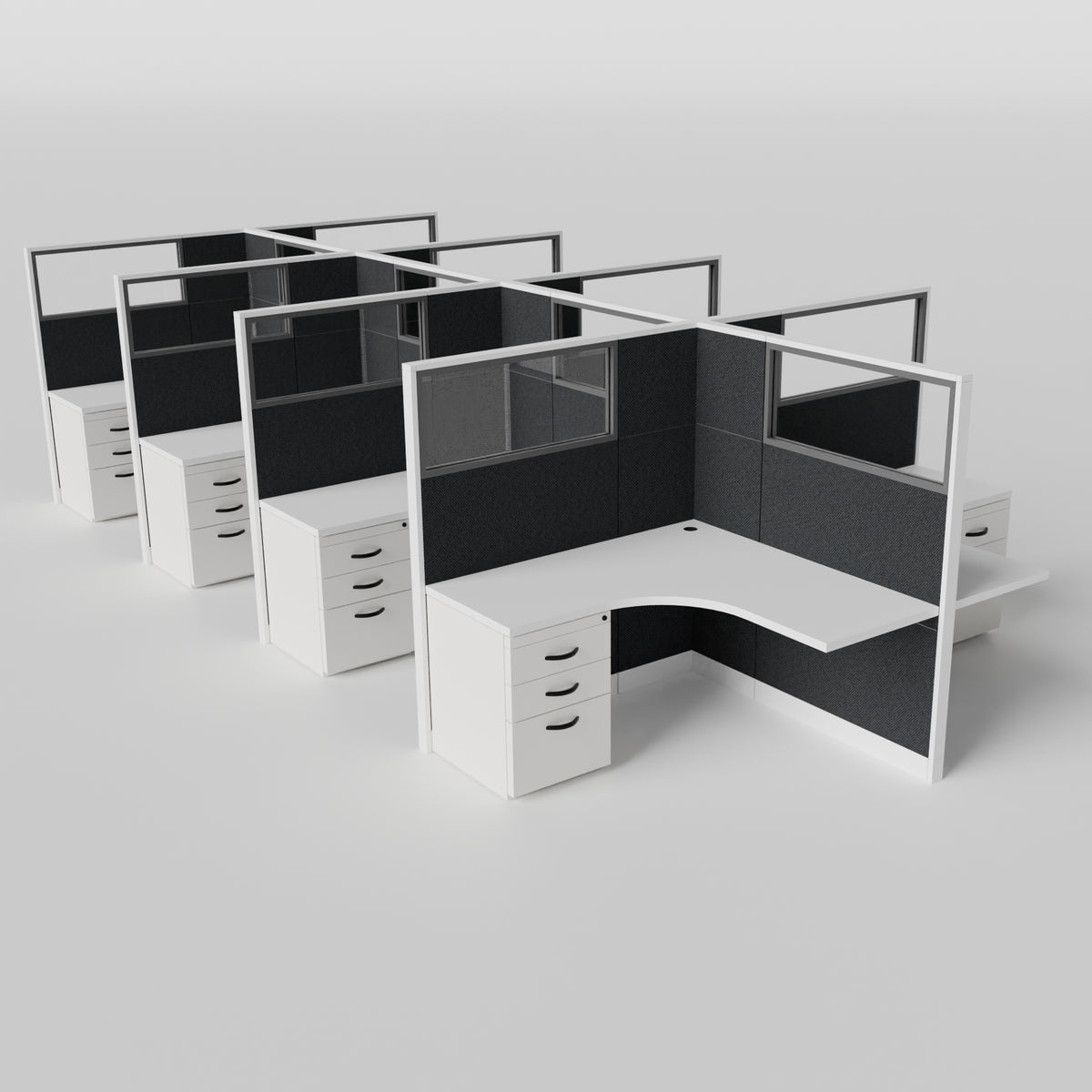 Knoll Reff Glass Panel Workstation - L-Shaped - Set of 8 - White Frame / Black Panel / 65" / 5' x 5'