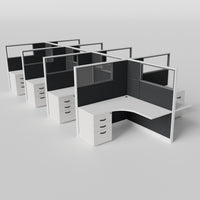 Knoll Reff Glass Panel Workstation - L-Shaped - Set of 8 - White Frame / Black Panel / 65" / 5' x 5'