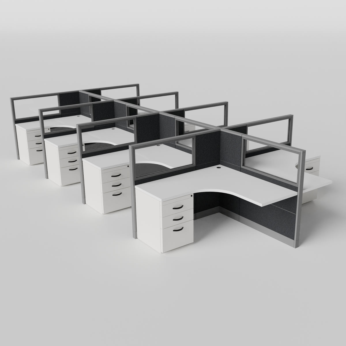 Knoll Reff Glass Panel Workstation - L-Shaped - Set of 8 - Gray Frame / Black Panel / 50" / 5' x 5'