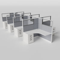 Knoll Reff Glass Panel Workstation - L-Shaped - Set of 8 - White Frame / Gray Panel / 65" / 5' x 5'